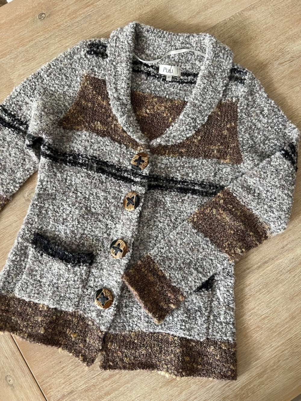 Puli Small Gray Bouclé Cardigan with Brown, Black Accents